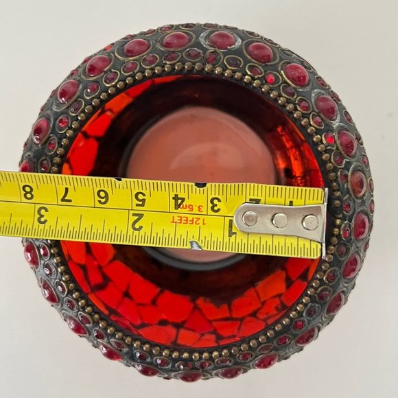 Radiant Elegance: Retro Mosaic Candle Holder / Vase with Brass & Rhinestone Trim - Picture 12 of 13